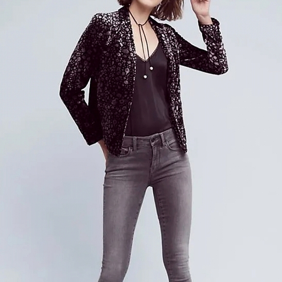 NWOT✨️ Anthropologie Elevenses Velvet Black Silver Grey Blazer Jacket, 2 - Picture 5 of 11